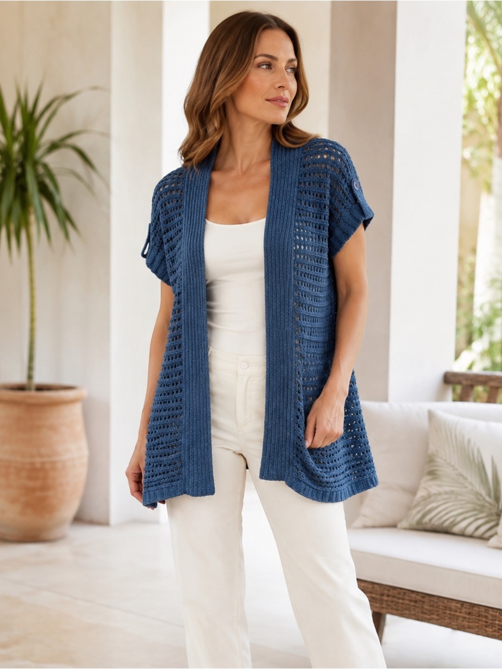 Vintage Caché Blue Open Knit Longline Cardigan Med 100% Cotton Y2K Boho Sheer
